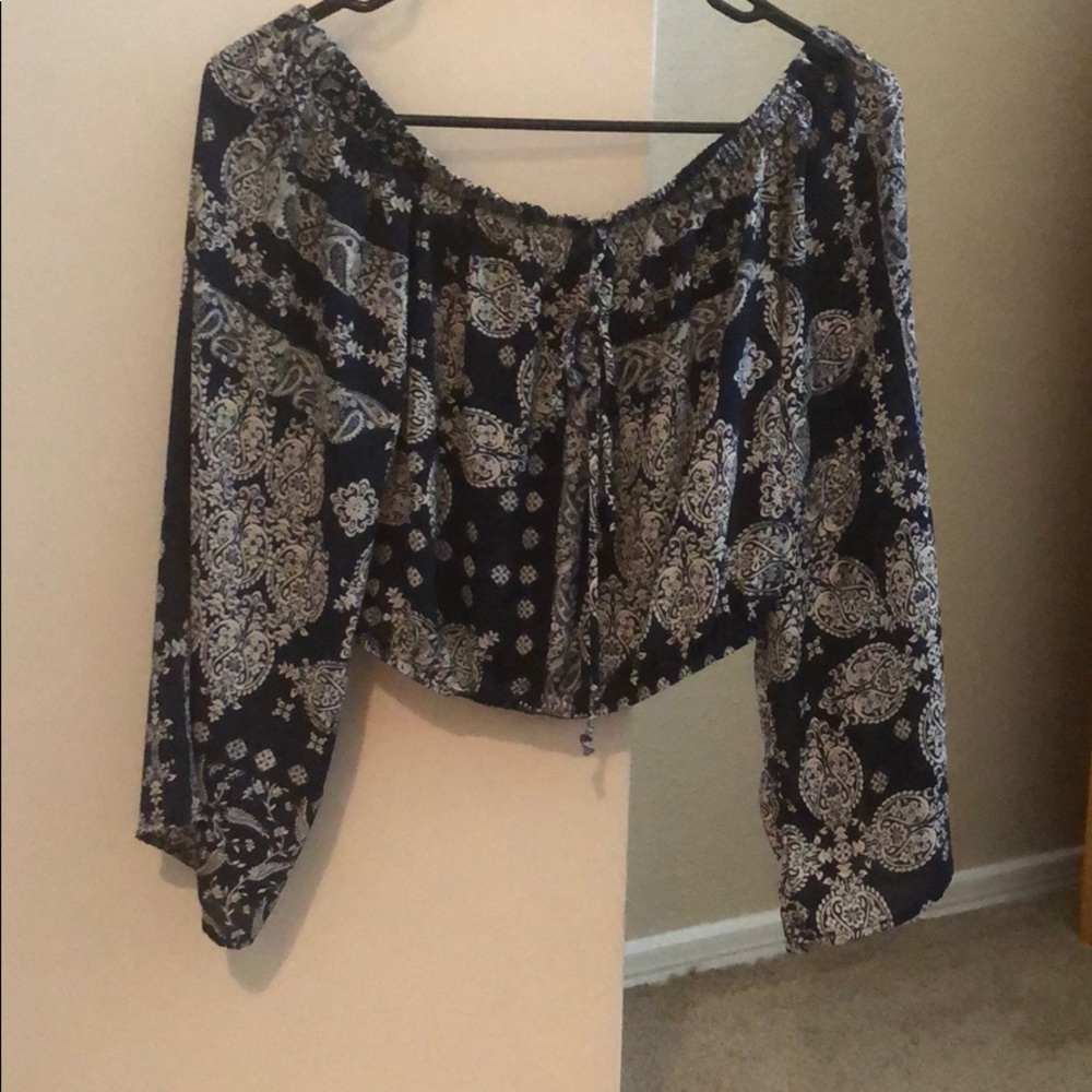 Off the shoulder blue and white shirt
